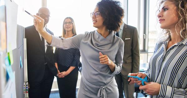 Group of employees writing on a whiteboard in a meeting